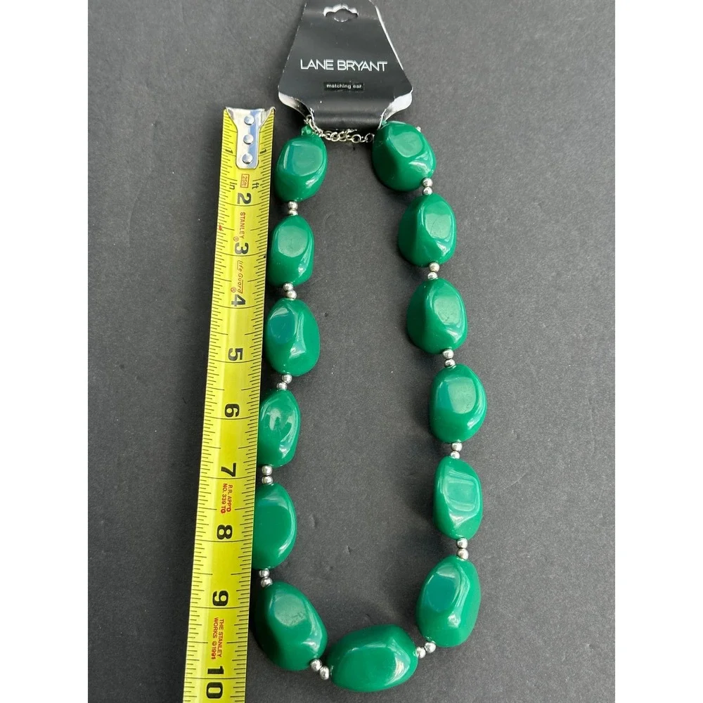Lane Bryant Green Chunky Bead Statement Necklace Emerald Resin Silver Tone‎ New